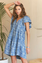 Printed V-Neck Ruffle Sleeve Mini Dress Adora