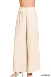 Woven Airflow Elastic Waistband Pants ZENANA SAND BEIGE S