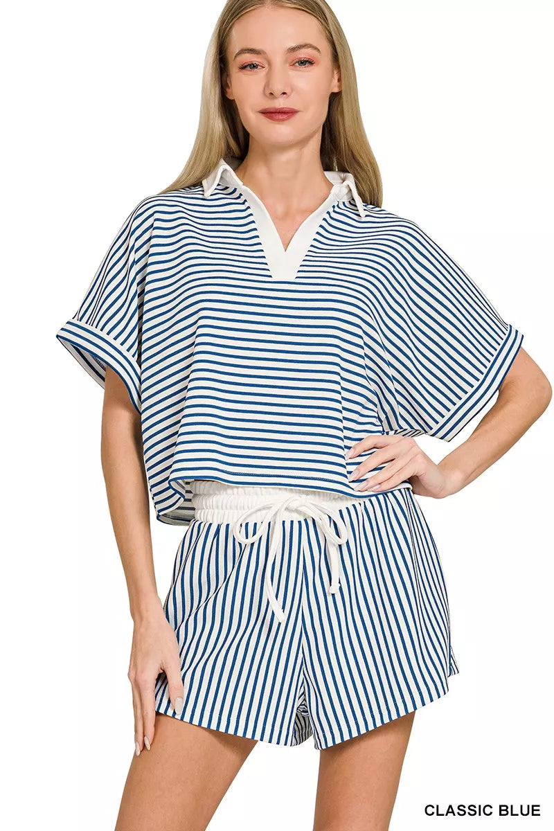Striped Collared Top & Shorts Set ZENANA CLASSIC BLUE S