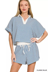 Striped Collared Top & Shorts Set ZENANA CLASSIC BLUE S