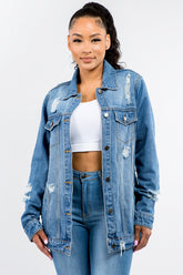Button Up Distressed Denim Jacket American Bazi Blue S
