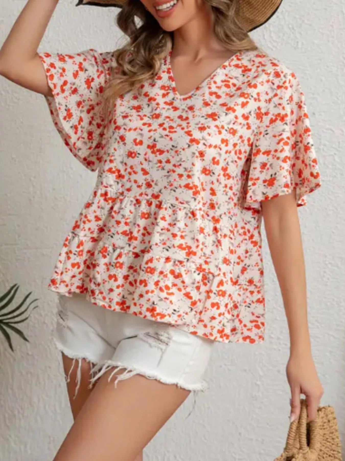 Floral Print V-Neck Ruffle Sleeve Peplum Blouse Simmer & Fay