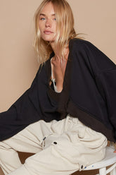 V-Cutout Rib Band Long Sleeve Sweatshirt POL Black S