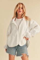 Zip Up Drop Shoulder Fleece Jacket Aemi + Co White S
