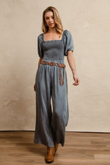 Smocked Washed Puff Sleeve Square Neck Denim Jumpsuit BiBi