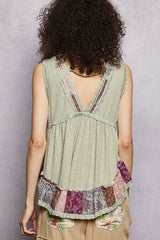Lace Detail Ruffled Ribbed Sleeveless Top with Floral Pattern Trim Detail POL