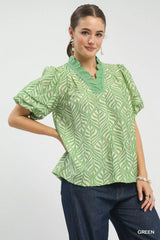 Printed Puff Sleeve Ruffle Neck Top Umgee