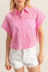 Lightweight Eyelet Button Down Short Sleeve Shirt HYFVE