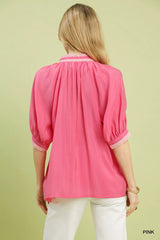 Solid Contrast Trim Pleated Top Umgee