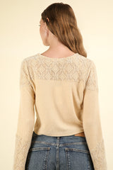 V-Neck Lace Detail Button Down Crop Ribbed Knit Top Very J