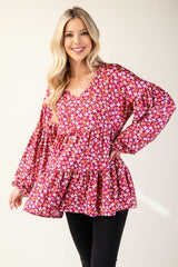 Floral V-Neck Balloon Sleeve Blouse Celeste