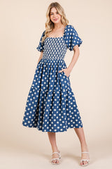 Floral Embroidered Smocked Puff Sleeve Tiered Midi Dress GeeGee