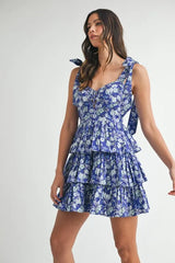 Floral Print Shoulder Tie Layered Mini Dress Mable