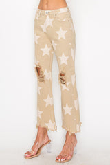 High Rise Star Printed Frayed Hem Jeans Risen