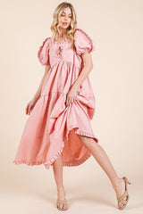 Ruffle Trim Puff Sleeve Tiered Babydoll Midi Dress GeeGee