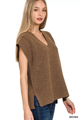 Ribbed Slit V-Neck Sweater Vest ZENANA