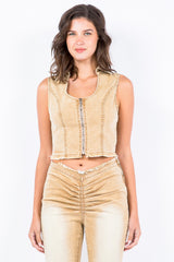 Zip Up Washed Crop Denim Vest American Bazi Tan S