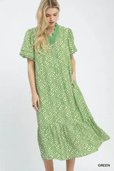 Leaf Print Ruffle Neck Midi Dress Umgee GREEN S