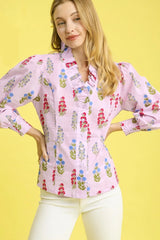 Floral Print Lantern Sleeve Button Down Shirt Umgee