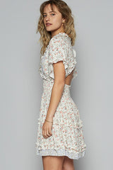 Cutout Back Frill Floral V-Neck Short Sleeve Mini Dress POL