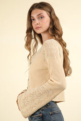 V-Neck Lace Detail Button Down Crop Ribbed Knit Top Very J