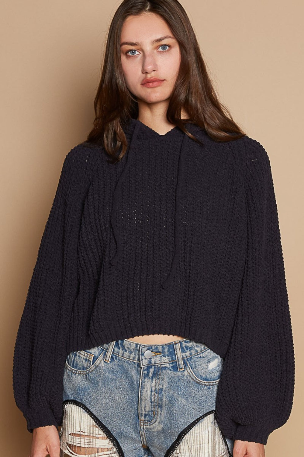 Back Open Slit Balloon Sleeve Crop Hooded Sweater POL Indigo S