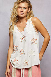 Floral Print Star Patch V-Neck Ribbed Tank POL OFF WHITE S