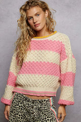 Contrast Striped Round Neck Sweater with Textured Cable Knit Pattern POL
