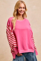 French Terry Stripe Combo Sweatshirt with Open Seam BiBi PINK/RED S