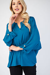 Notched Three-Quarter Sleeve Blouse Celeste
