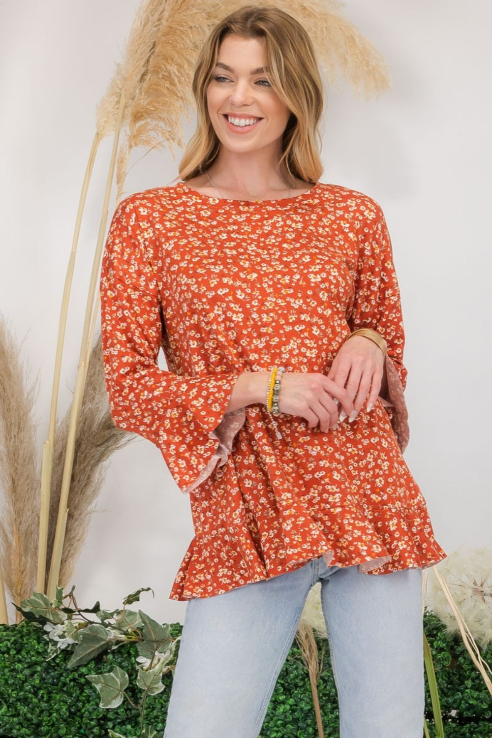Bell Sleeve Floral Ruffle Detail Top Celeste Rust S