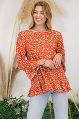 Bell Sleeve Floral Ruffle Detail Top Celeste Rust S