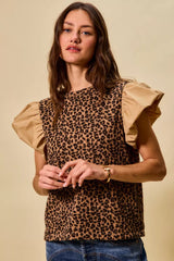SO ME Leopard Pointelle Knit Top with Puff Sleeves Trendsi