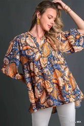 Mix Paisley High Low Boho Tunic Blouse Umgee TEAL MIX S