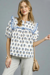 Ruffled Floral Print Puff Sleeve Blouse Umgee White S