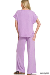Zenana Washed Slub Short Sleeve Tee & Long Pants Set Trendsi