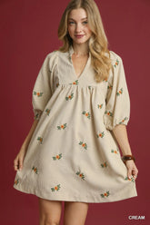 Umgee Corduroy Babydoll Dress with Floral Embroidery Trendsi Cream S