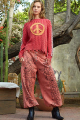 Washed Peace Patch Cable Knit Sweater POL