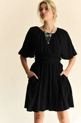 Back Button Puff Sleeve Smocked Mini Dress Davi & Dani