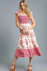 Floral Printed Smocked Midi Dress with Ruffle Details Umgee Deep Rose S