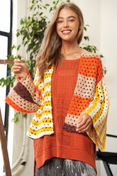 Openwork Open Front Striped Cardigan Davi & Dani YELLOW ORANGE S