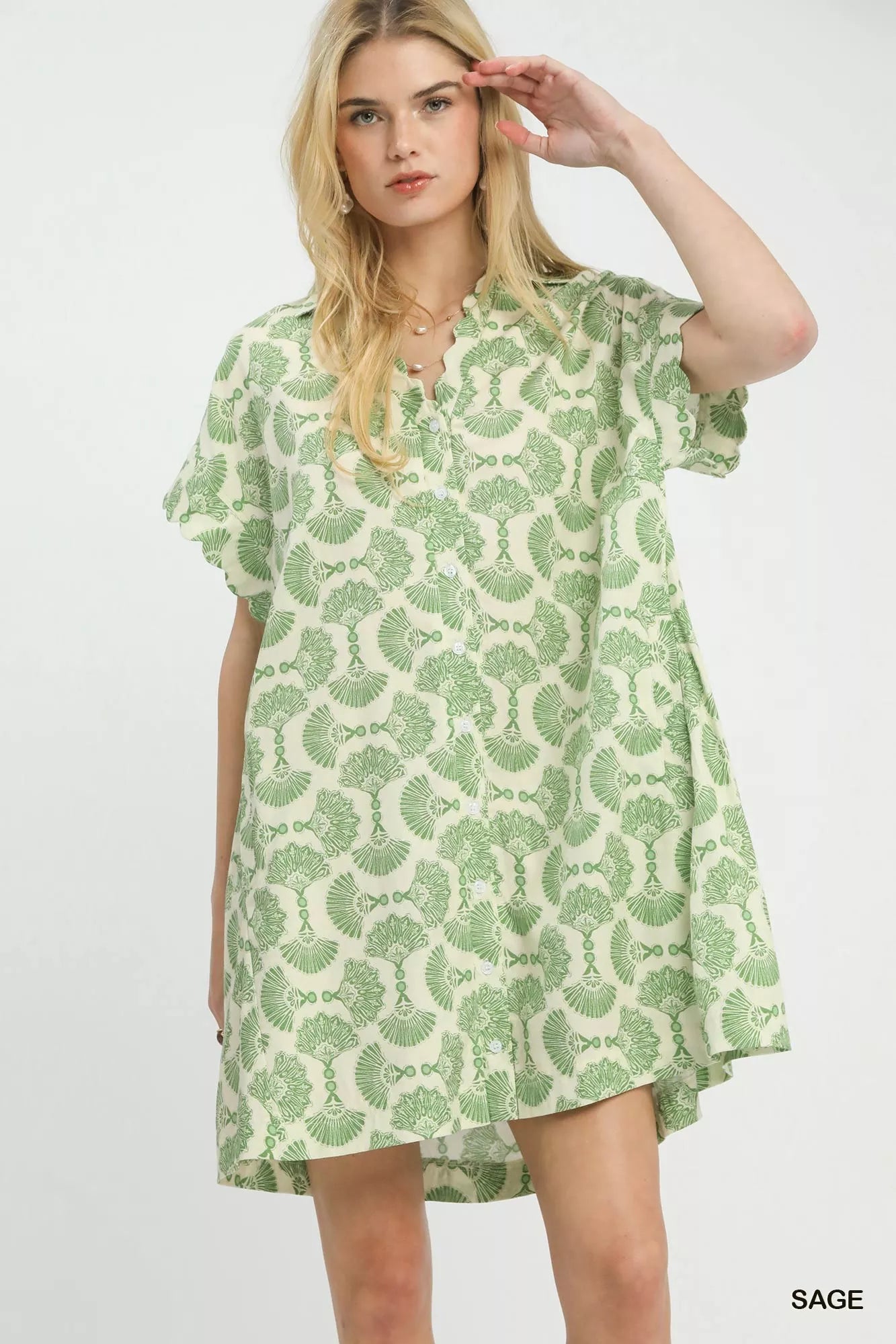 Printed Button Front Shirt Dress Umgee SAGE S