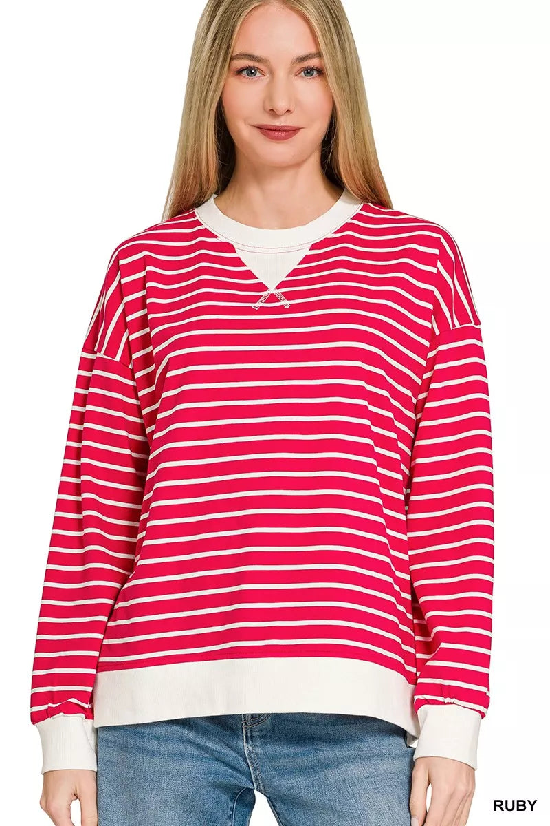 Contrast Striped Round Neck Sweatshirt ZENANA RUBY S