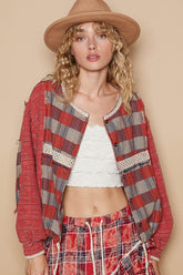 Round Neck Long Sleeve Plaid Shirt POL Red Multi S