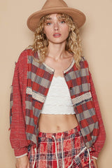 Round Neck Long Sleeve Plaid Shirt POL Red Multi S