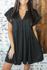 Textured V Neck Short Sleeve Pockted Mini Dress Simmer & Fay