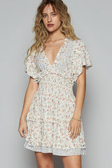 Cutout Back Frill Floral V-Neck Short Sleeve Mini Dress POL