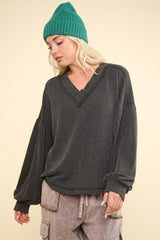 Two Tone Ribbed V-Neck Exposed Seam Top Very J