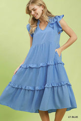 Textured Ruffle Sleeve Tiered Midi Dress Umgee LT. BLUE S