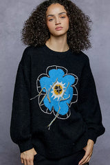 Floral Pattern Round Neck Sweater with Exposed Stitching POL